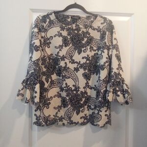 Roz & Ali Black Floral Lace-Print Bell Sleeve Top on Ivory Size Large